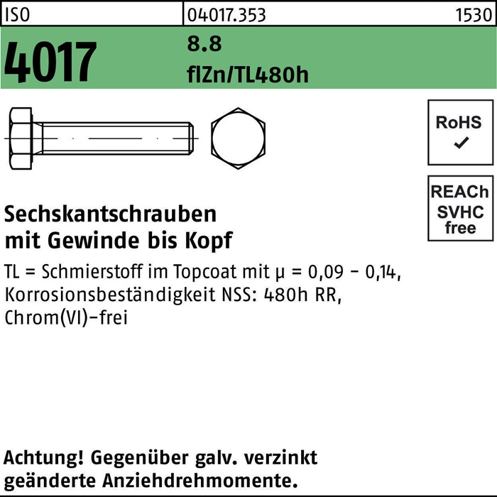BUFAB Sechskantschraube ISO 4017 VG M 24 x 100 8.8 zinkbesch. Gleitmittel flZnnc 480h-L