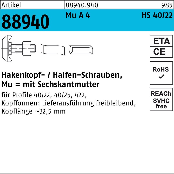 HALFEN Hammerkopfschraube R 88940 Typ 40/22 6-kantmutter M 12 x 40 Mu A 4