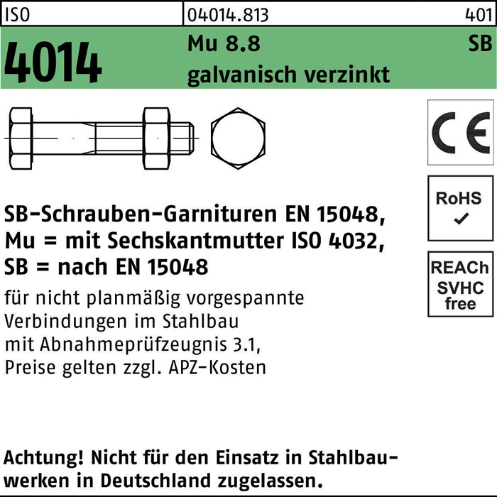 Reyher Sechskantschraube ISO 4014 m.Schaft/Mutter M 27 x 90 Mu 8.8 galvanisch verzinkt