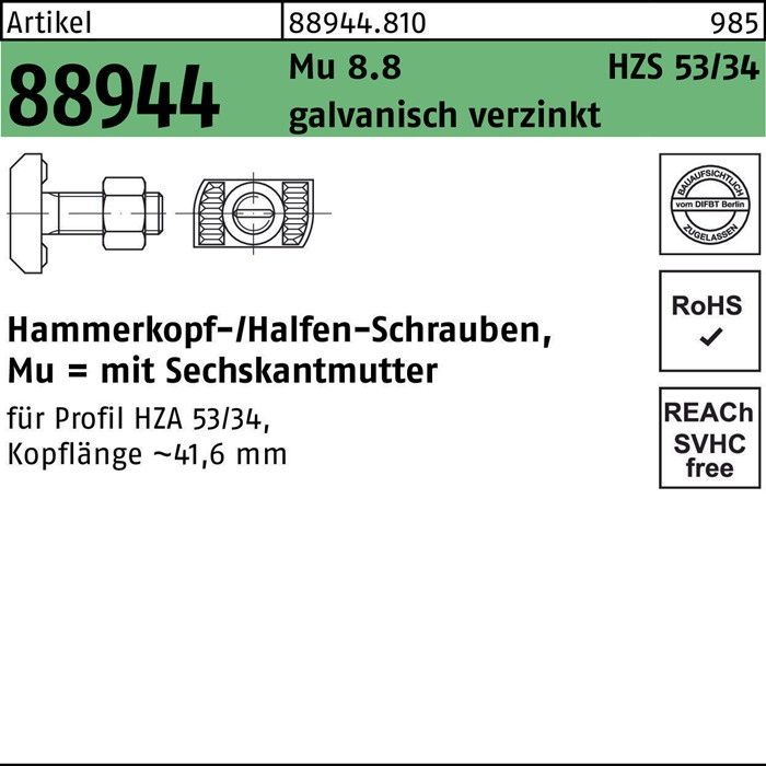 HALFEN Hammerkopfschraube R 88944 6-kantmutter M 16 x 100 Mu 8.8 galvanisch verzinkt