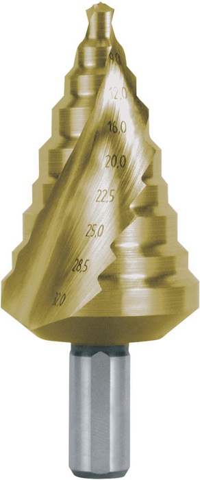 RUKO Stufenbohrer Bohrbereich 6,0 - 32,0 mm HSS TiN spiralgenutet Schneidenanzahl 2 Stufenanzahl 9