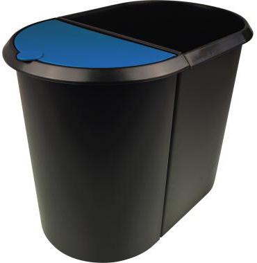 helit Papierkorb the double 27 x 34,8 x 44 cm (B x H x T) 29l Kunststoff Farbe: schwarz Farbe des Deckels: blau 2 Sortierfächer