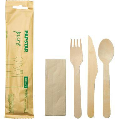 PAPSTAR Besteckgarnitur pure Einweg je 1 x Serviette Messer Gabel Löffel Holz braun