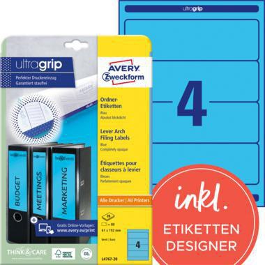 AVERY Zweckform Ordnerrückenetikett ultragrip breit/kurz 61 x 192 mm (B x H) selbstklebend ohne Griffloch blau 80 Etik./Pack.