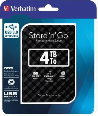 Verbatim Festplatte extern Store 'n' Go 119 x 81 x 14.5 mm (B x H x T) USB 3.0 4 Tbyte inkl. USB 3.0-Kabel Kurzanleitung Software-Paket (Backup Energiesparen
