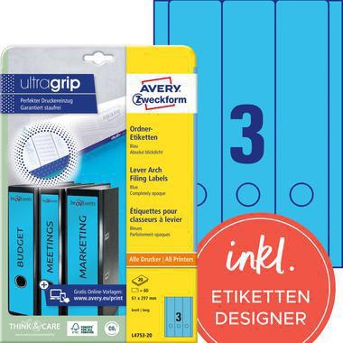 AVERY Zweckform Ordnerrückenetikett ultragrip breit/lang 61 x 297 mm (B x H) selbstklebend mit Griffloch blau 60 Etik./Pack.