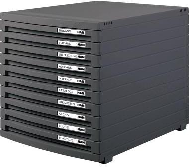 HAN Schubladenbox CONTUR 10 Schubladen DIN A4 DIN B4 DIN C4 Polystyrol Gehäusefarbe: dunkelgrau Farbe der Schublade: dunkelgrau