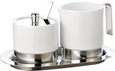 Esmeyer Zucker-Milchset ® ADAM ca. 20 x 11,5 cm (B x H) inkl. Sahnegießer 0,25 l Zuckerdose 0,2 l Deckel Löffel Serviertablett Porzellan/Edelstahl weiß 5 St./Pack.