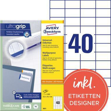 AVERY Zweckform Universaletikett ultragrip 52,5 x 29,7 mm (B x H) nicht wieder ablösbar Papier weiß 4.000 Etik./Pack.