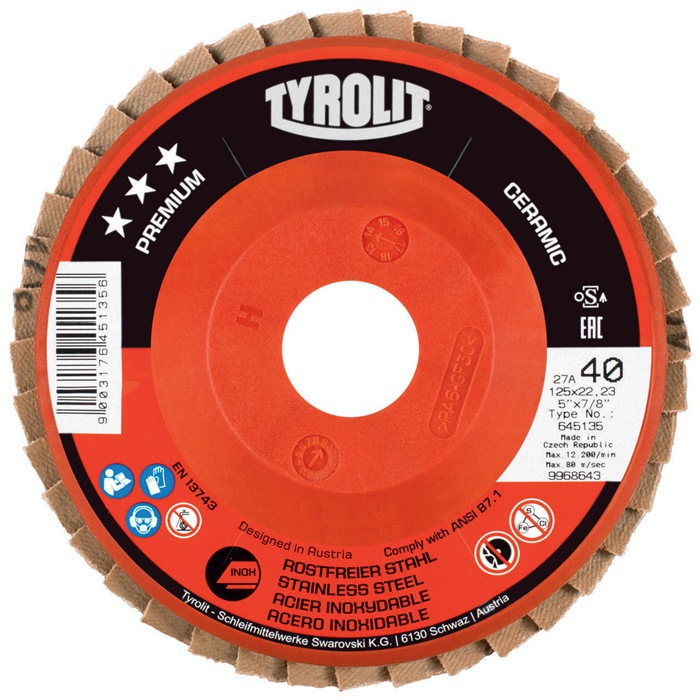TYROLIT Fächerscheibe PREMIUM CERAMIC Ø 125 mm Körnung 40 gerade Rostfreier Stahl CA