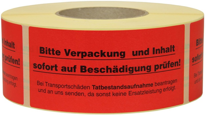 TransPak Hinweisetikett Maße 145x70mm Papier rot Verpackung u. Inhalt auf Beschäd. prüfen