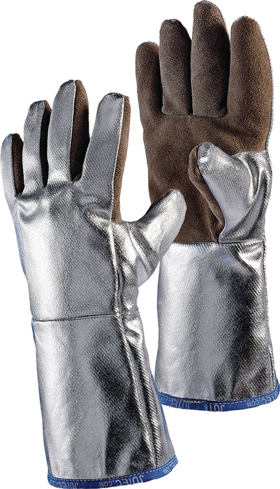 JUTEC Hitzeschutzhandschuhe 5-Fingerhandschuh 10 braun/silber Spaltleder m.alumin.Preox-Aramidgewebe EN 388, EN 407 PSA-Kategorie III