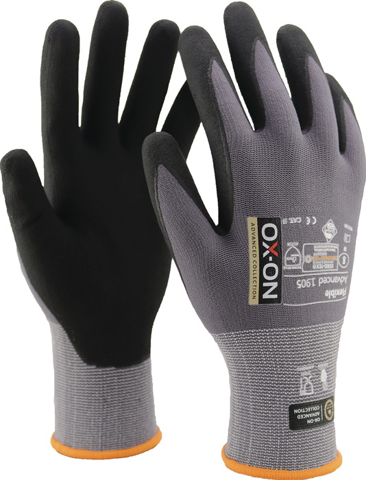 OX-ON Handschuhe Flexible Advanced 1905 Größe 6 schwarz/hellgrau EN 388, EN 420+A1 PSA-Kategorie II