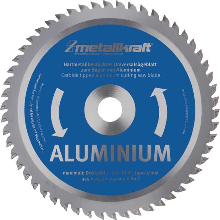 METALLKRAFT Metallkreissägeblatt Aluminium Sägeblatt-Ø 355 mm Breite 2,4 mm HM Bohrungs-Ø 25,4 mm Z.80