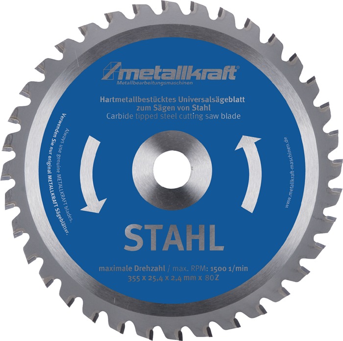 METALLKRAFT Metallkreissägeblatt Stahl Sägeblatt-Ø 355 mm Breite 2,4 mm HM Bohrungs-Ø 25,4 mm Z.80