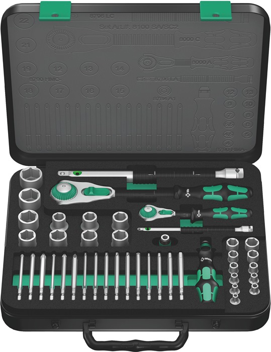 Wera Steckschlüsselsatz 8100 SA/SC 2 Zyklop 43-teilig 1/4 + 1/2 ″ Schlüsselweiten 4-24 mm Anzahl Zähne 72/72 6-Kant