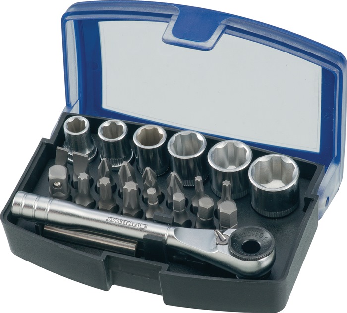 PROMAT Bit-/Steckschlüsselset 24-teilig Schlitz/PH/PZD/T/Knarre/6 Nüsse