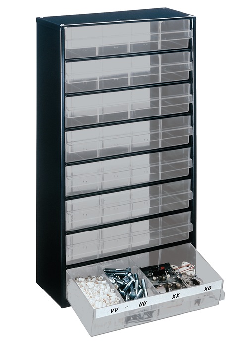 raaco Kleinteilemagazin B306xT150xH552mm galvan. Stahlblech 8 Schubladen Polypropylen dunkelblau / transparent