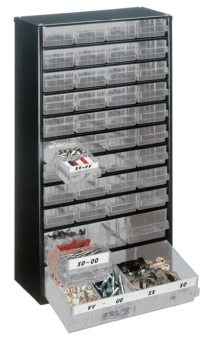 raaco Kleinteilemagazin B306xT150xH552mm galvan. Stahlblech 40 Schubladen Polypropylen dunkelblau / transparent