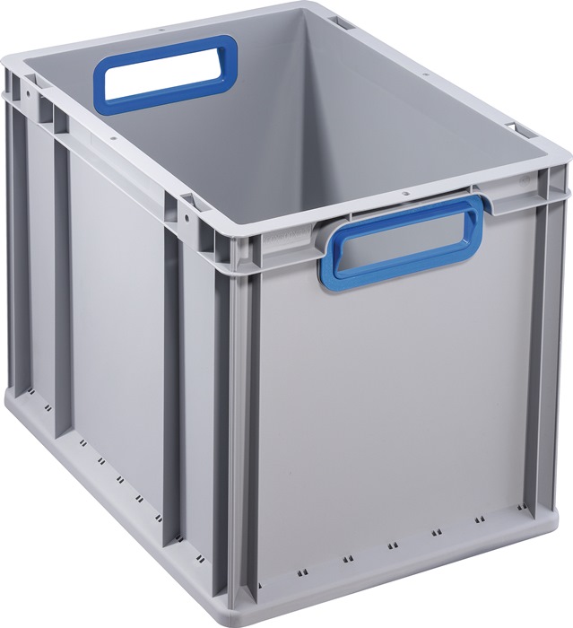 ALLIT Transportstapelbehälter L400xB300xH320mm grau PP offener Griff blau Seitenwände geschlossen