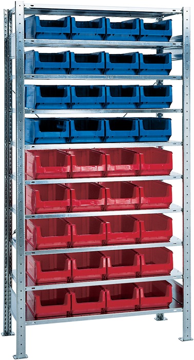 Quality Brand Steckregal H2000xB1000xT400mm Grundregal 10 Stahlböden 16 x MK3Z blau, 20 x MK3Z rot