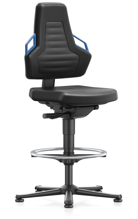 BIMOS Arbeitsdrehstuhl Nexxit Bodengleiter + Fußring Grifffarbe blau Integralschaum schwarz 570-820 mm