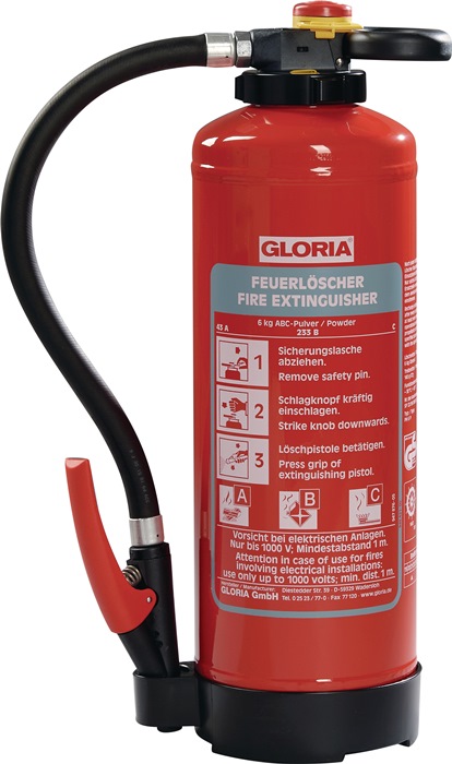 GLORIA Auflade-Pulverfeuerlöscher 6 kg wiederaufladbar Brandklasse A 43 A 233 B C mit Wandhalter