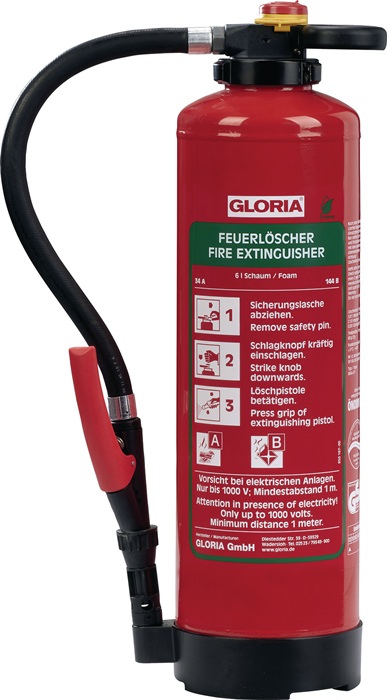 GLORIA Schaumfeuerlöscher 6 l Aufladegerät Brandklasse A 34 A 144 B mit Wandhalter