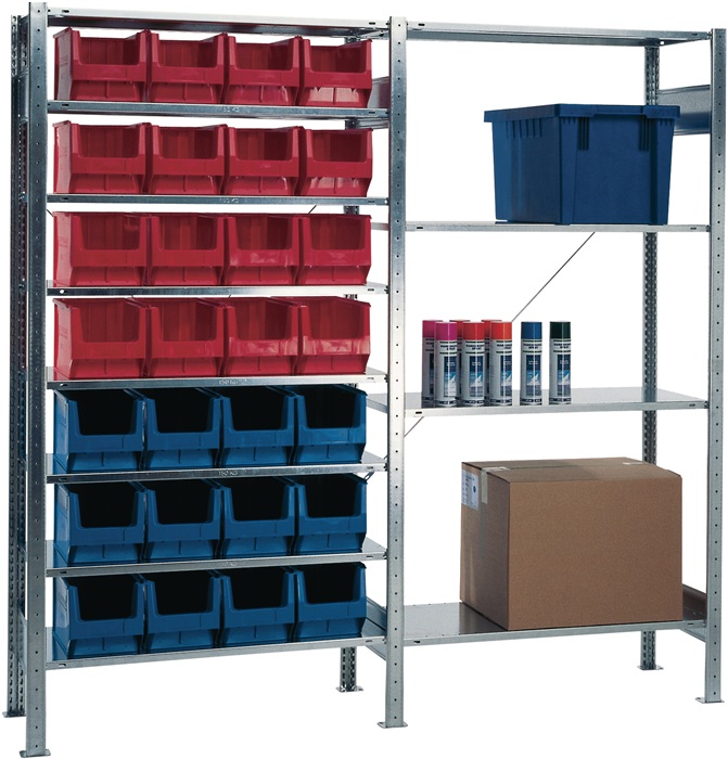 Quality Brand Steckregal H2000xB1000xT500mm Anbauregal 10 Stahlböden 14 x MK2Z blau, 13 x MK2Z rot