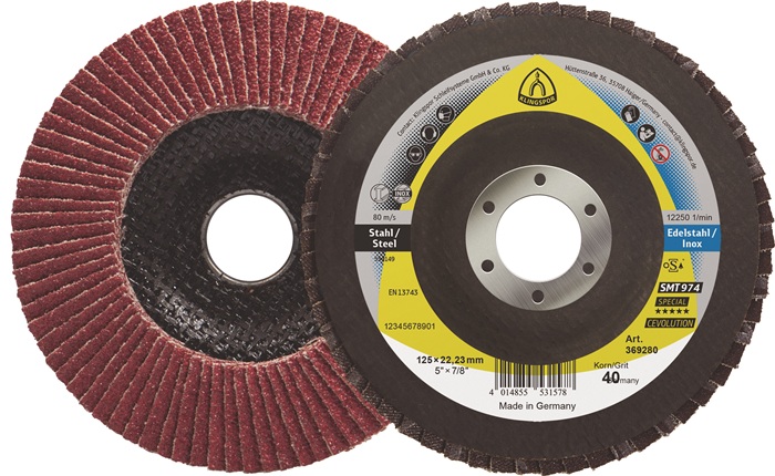 KLINGSPOR Fächerscheibe SMT 974 Ø 125 mm Körnung 60 mm gewölbt 6° Stahl keramischer Korund