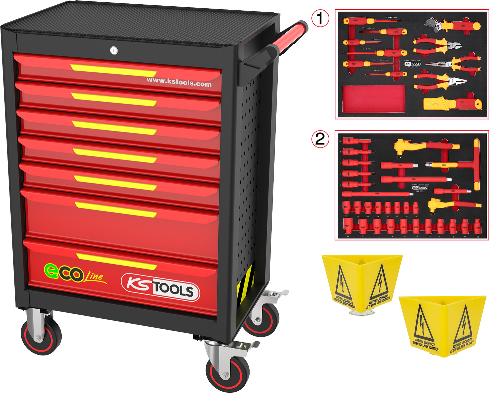 KS TOOLS ECOline Werkstattwagen mit 42 isolierten Werkzeugen für Hybrid- und Elektrofahrzeuge