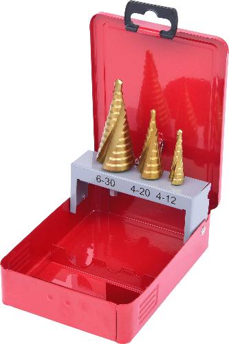 KS TOOLS HSS TiN Stufenbohrer-Satz, Stahlblechkassette 3-tlg