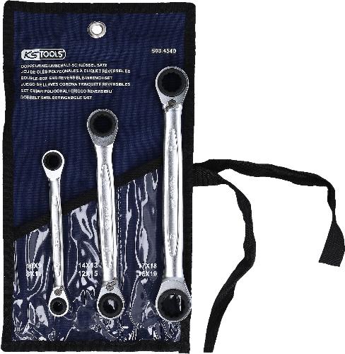 KS TOOLS 4 in 1 GEARplus umschaltbar Doppel-Ratschenringschlüssel-Satz, 3-tlg