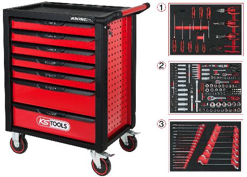 KS TOOLS RACINGline SCHWARZ/ROT Werkstattwagen mit 7 Schubladen und 215 Premium-Werkzeugen