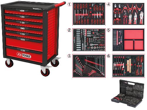 KS TOOLS RACINGline SCHWARZ/ROT Werkstattwagen mit 7 Schubladen und 598 Premium-Werkzeugen