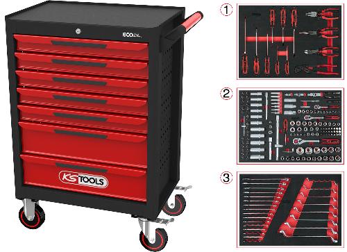 KS TOOLS ECOline SCHWARZ/ROT Werkstattwagen mit 7 Schubladen und 215 Premium-Werkzeugen