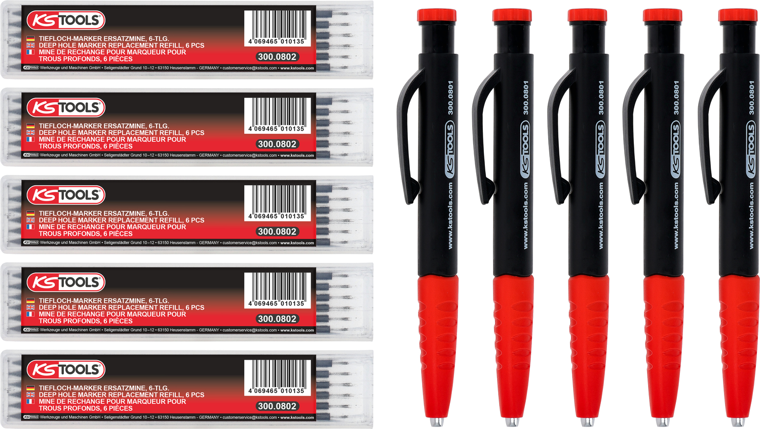 KS TOOLS 2in1 Druckbleistift und Tieflochmarker-Satz, 8-tlg, 5er Pack