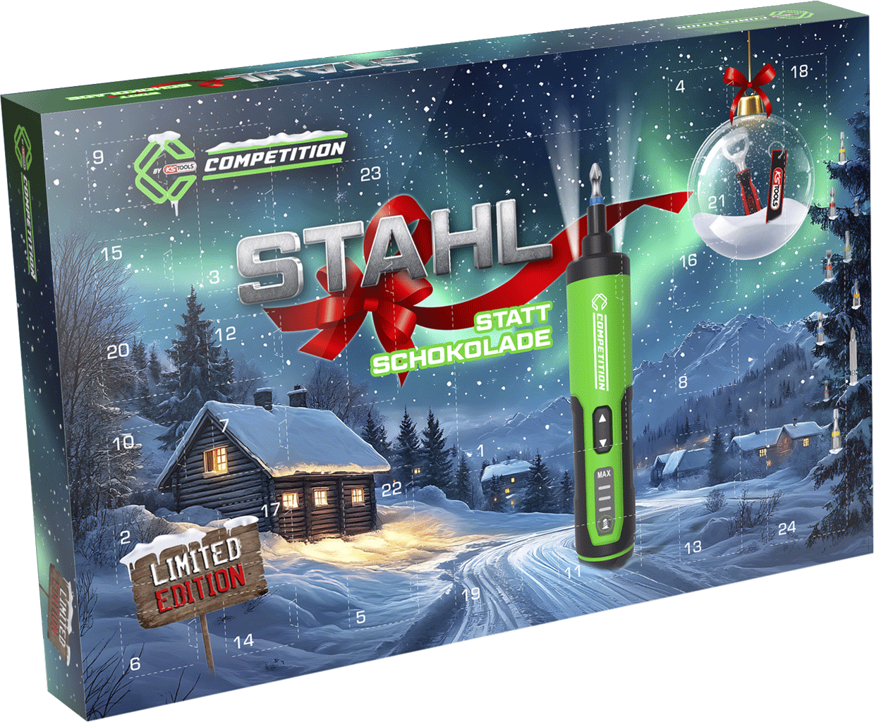 KS TOOLS COMPETITION Adventskalender mit Akku-Stabschrauber-Satz und Torsions-Bits, 27-tlg