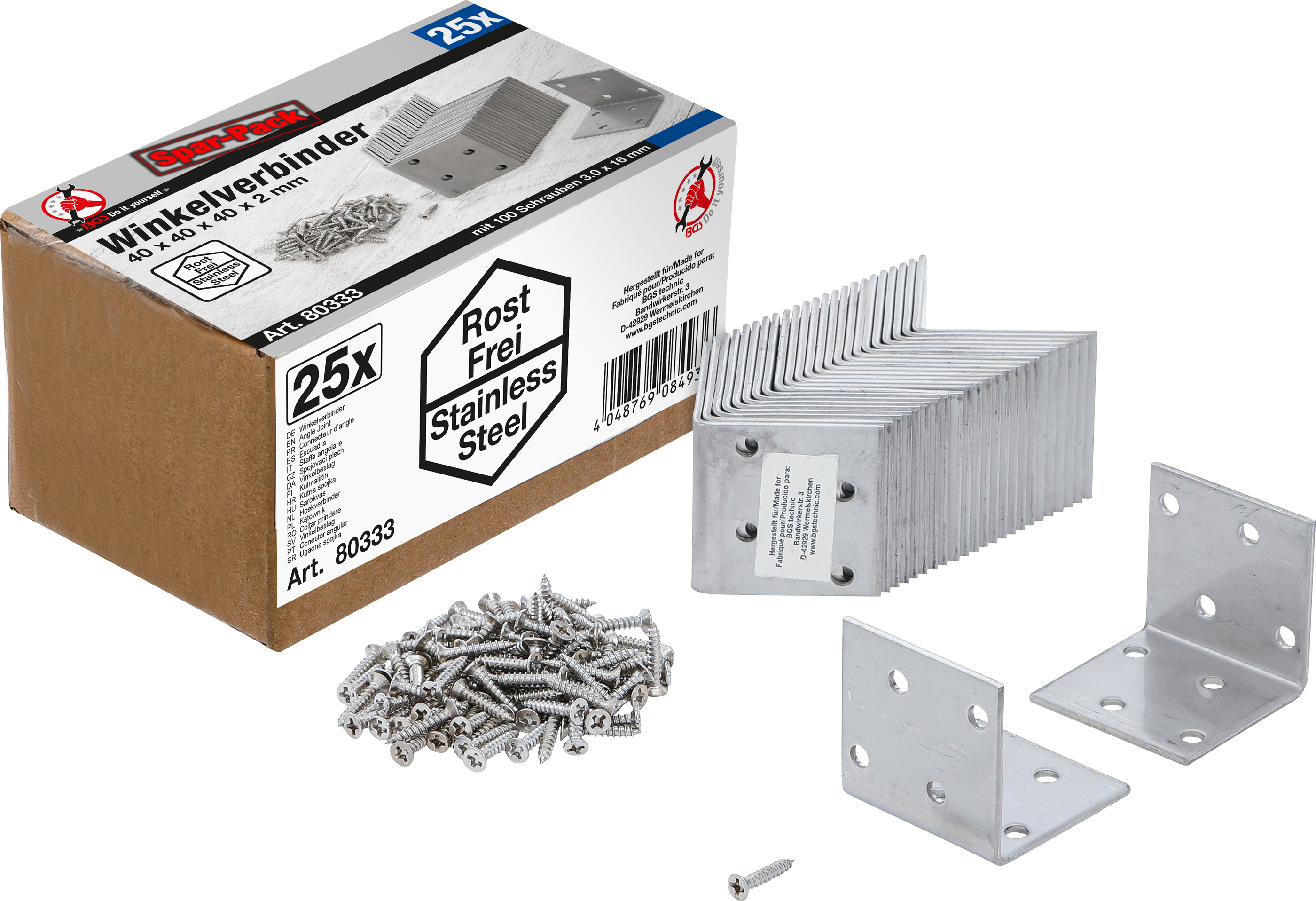 BGS Do It Yourself Winkelverbinder | rostfrei | 40 x 40 x 40 mm | Spar-Pack | 25 Stück