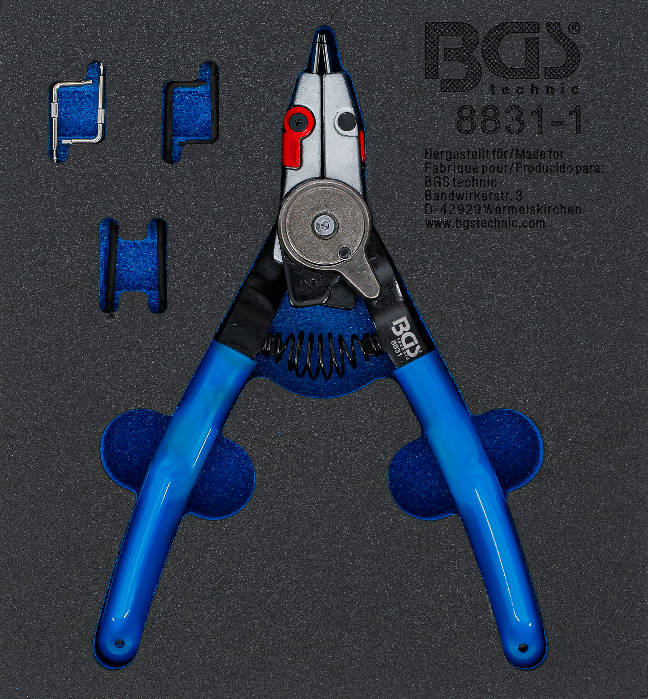 BGS Sprengringzange | für Außen-/Innensprengringe | auswechselbare Spitzen | 180 mm