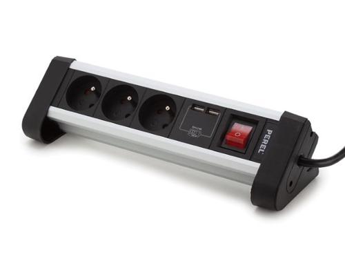Perel 3-FACH TISCH-STECKDOSENLEISTE MIT 2 USB-PORTS - 2.4 A - STECKER-TYP E (FRANZÖSISCHES SYSTEM)