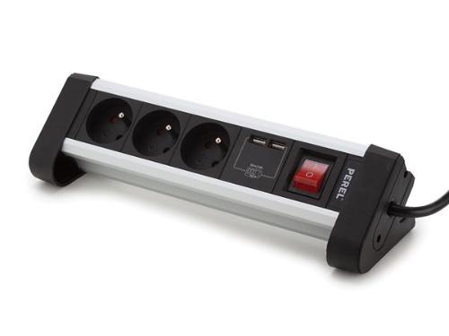 Perel 3-FACH TISCH-STECKDOSENLEISTE MIT 2 USB-PORTS - 2.4 A - STECKER-TYP E (FRANZÖSISCHES SYSTEM)