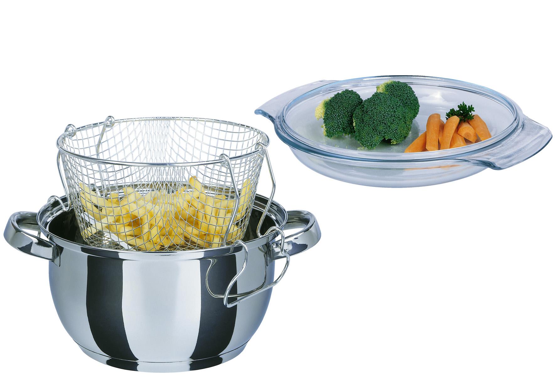 GSW Frittiertopf 3 l Ø22cm Edelstahl mit Glasdeckel und Frittiereinsatz