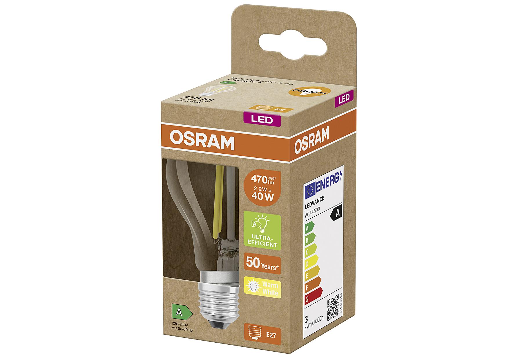 OSRAM LED Filament Birne ULTRA EFF. E27 2,2W 470lm 3.000K klar