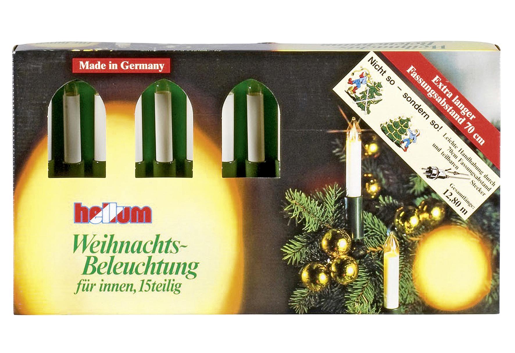 Hellum Lichterkette Schaftkerze 15 Kerzen klar für innen Schaft/Kabel grün 12,8m elfenbein