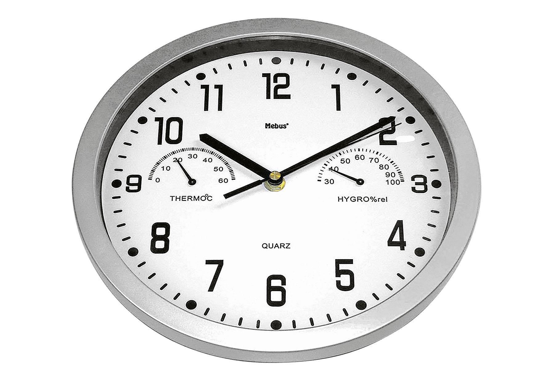 Mebus Quarz-Wanduhr analog mit Thermometer / Hygrometer ohne 1x AA Batterie Ø22,5cm silber
