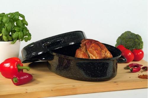 Karl Krüger Gänsebräter oval 4,5 l Ø34cm emailliert schwarz/weiß gesprenkelt
