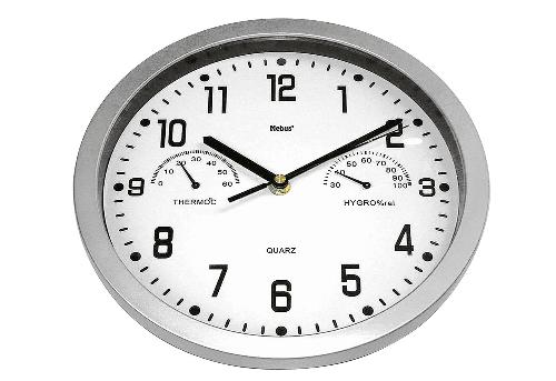 Mebus Quarz-Wanduhr analog mit Thermometer / Hygrometer ohne 1x AA Batterie Ø22,5cm silber