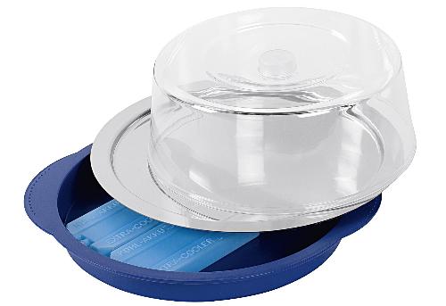 APS Serviertablett 35 x 4 cm (Ø x H) inkl. blaue Kunststoffschale zwei Kühlakkus Frischhaltehaube aus Kunststoff Edelstahl Farbe: edelstahl