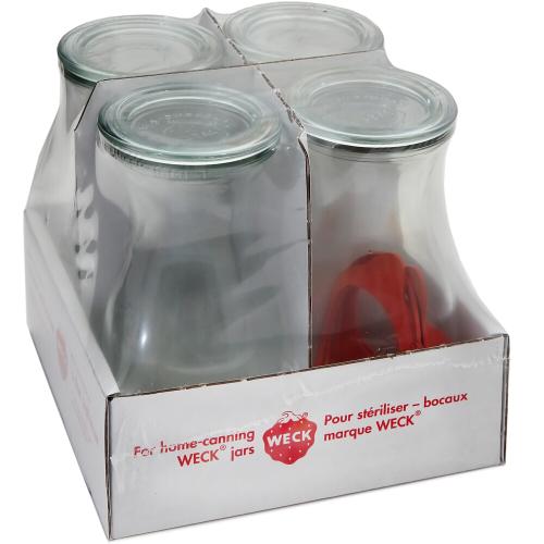 WECK Saftflasche 4er-Tray 1/4 l mit Ringen und Klammern